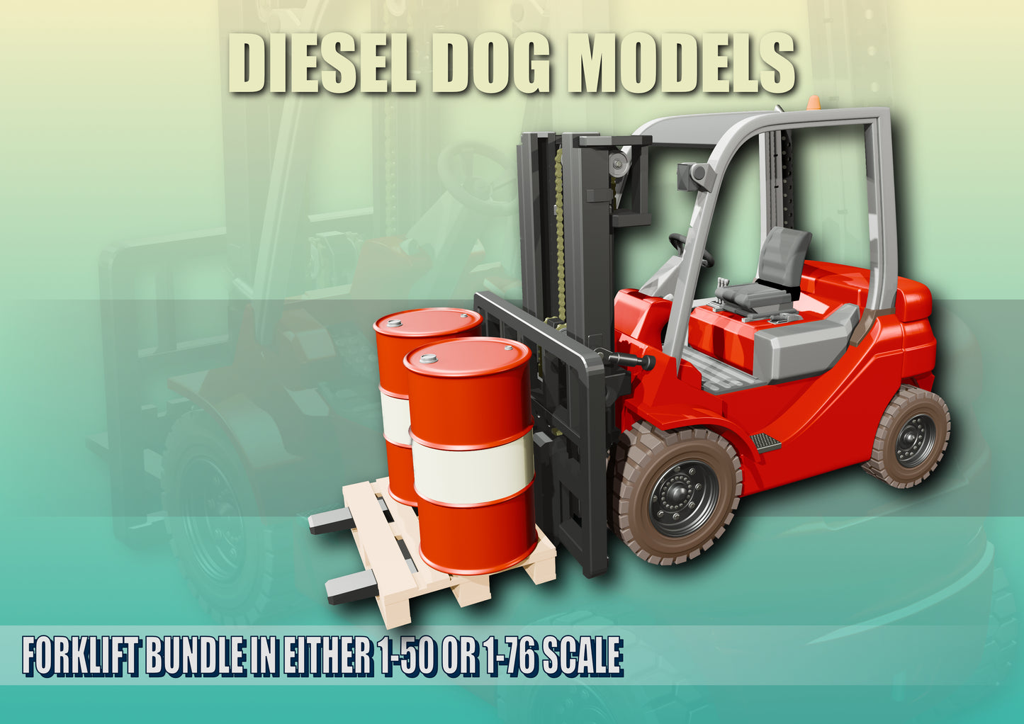 Forklift Truck + Pallets + Oil Drums .....O Gauge/ 1-50 Scale